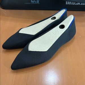 Rothy's Black Pointed-Toe Flats with Blue Trim